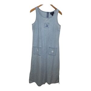 Vtg Blue J. Sleeveless Chambray Jumper Dress Women's Small Nautical Sailboat‎